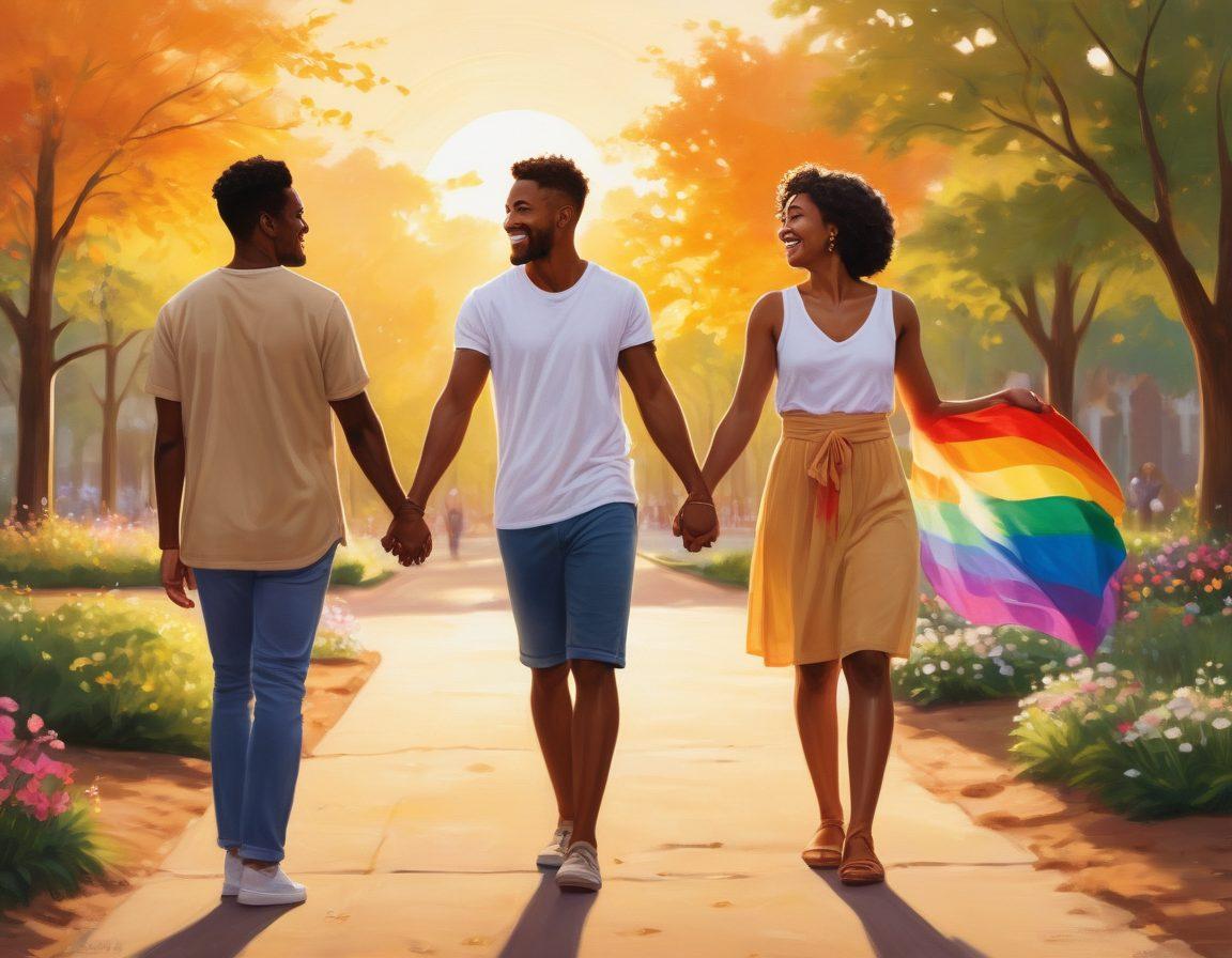 A warm and inviting scene showcasing diverse couples in an urban park, holding hands and sharing laughter, representing love in all its forms. Include symbols of unity and pride, like rainbow flags and flowers, with a backdrop of a setting sun casting soft golden light. Diverse skin tones and gender expressions should be highlighted to emphasize inclusivity. painting. vibrant colors. soft focus.
