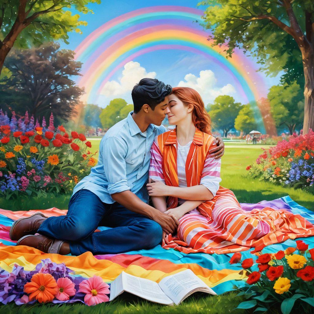 A heartwarming scene depicting two individuals of diverse gender identities, sharing a tender embrace in a vibrant park. Colorful flowers bloom around them, enhancing the feeling of love and connection. Rainbows subtly weave through the background, symbolizing pride. Elements like a picnic blanket and books evoke intimacy and companionship. artistic style: vibrant colors, soft brush strokes, impressionistic.